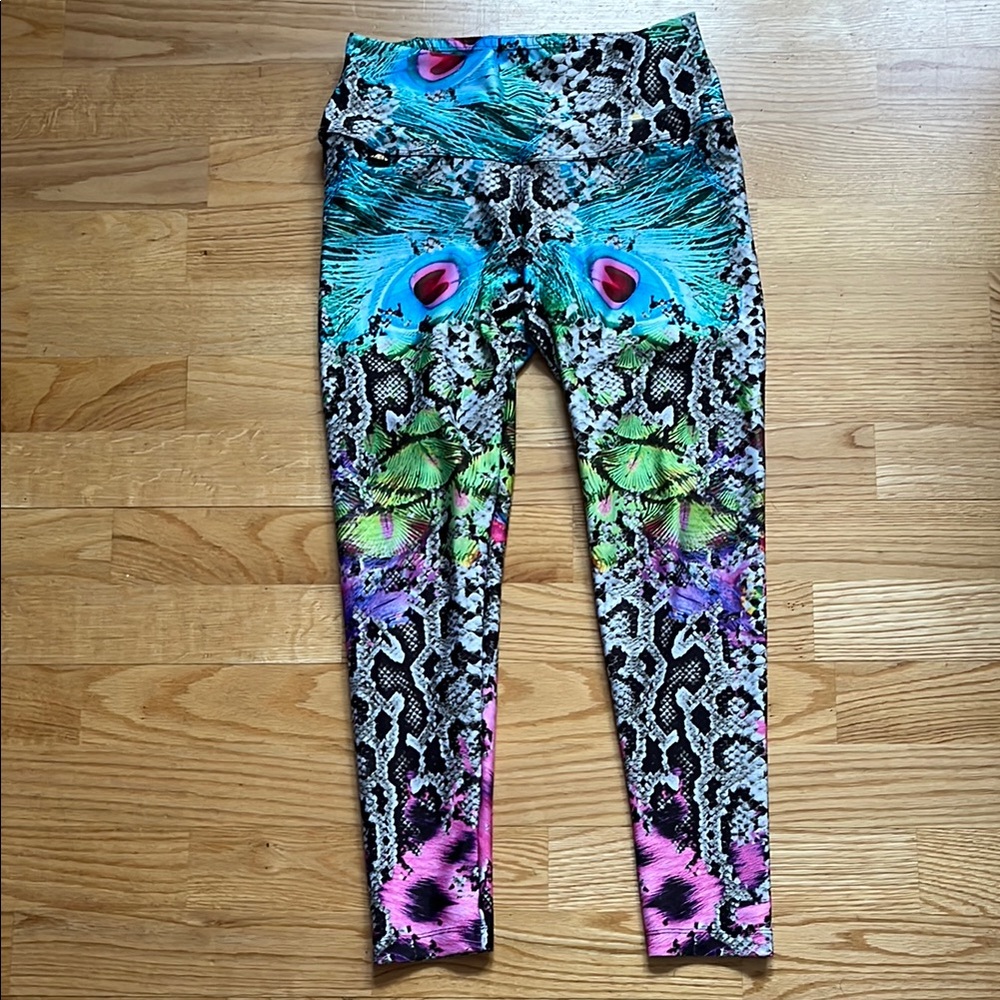Colorful Snake Print Leggings Peacock Feathers X Small